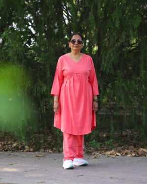 Petal Flow T-shirt Kurta Set Pink (T-shirt Flared Pink Kurta and Pant Set)